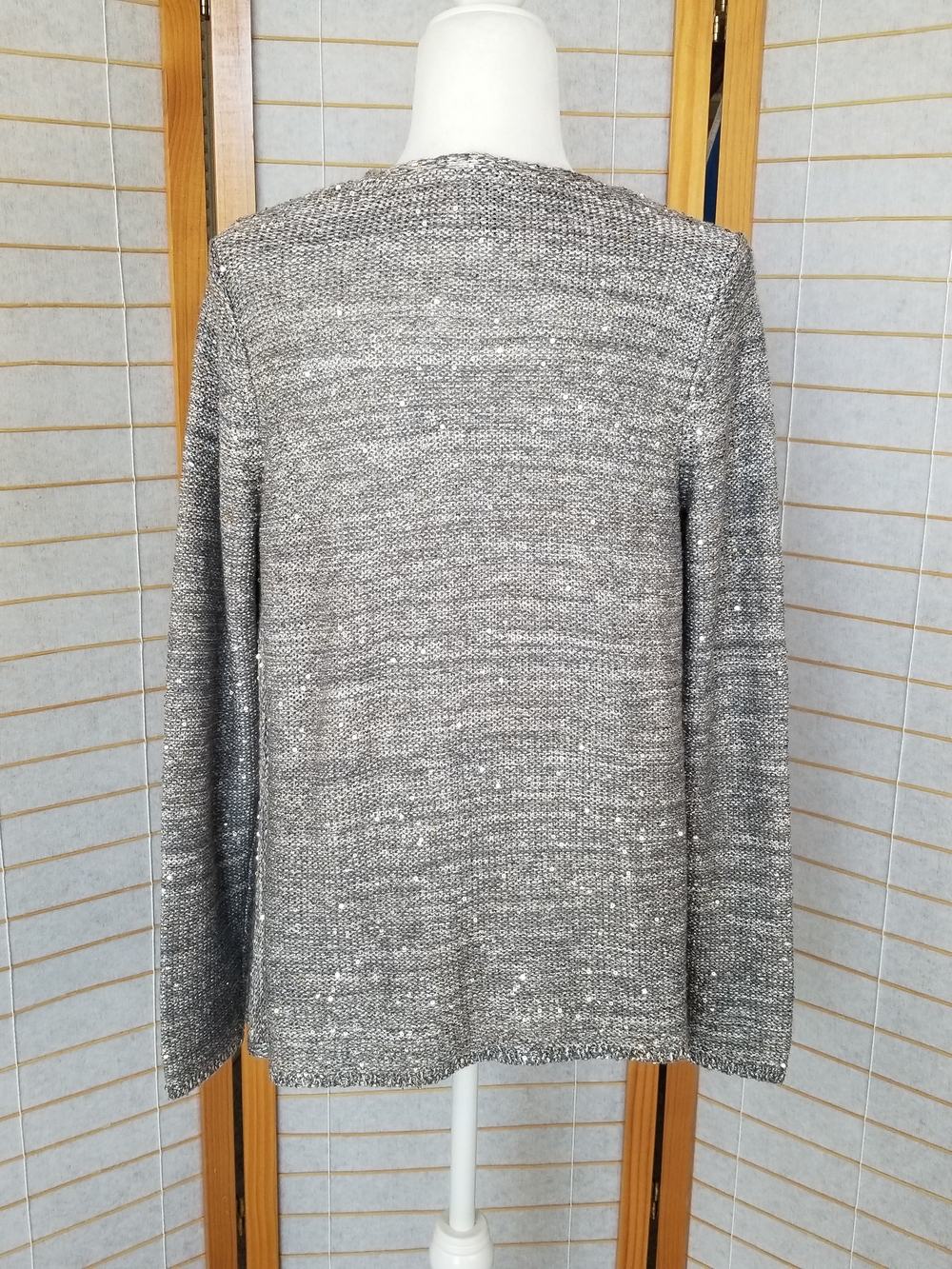 WHBM Shimmer Waterfall Cardigan Sweater Open Front Sequins Silver and Gold - Picture 9 of 9